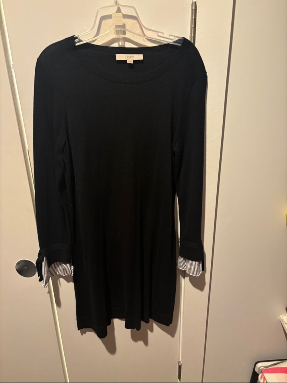 LOFT Black Long Sleeve Knit Dress with Stripe Cuff Trim
